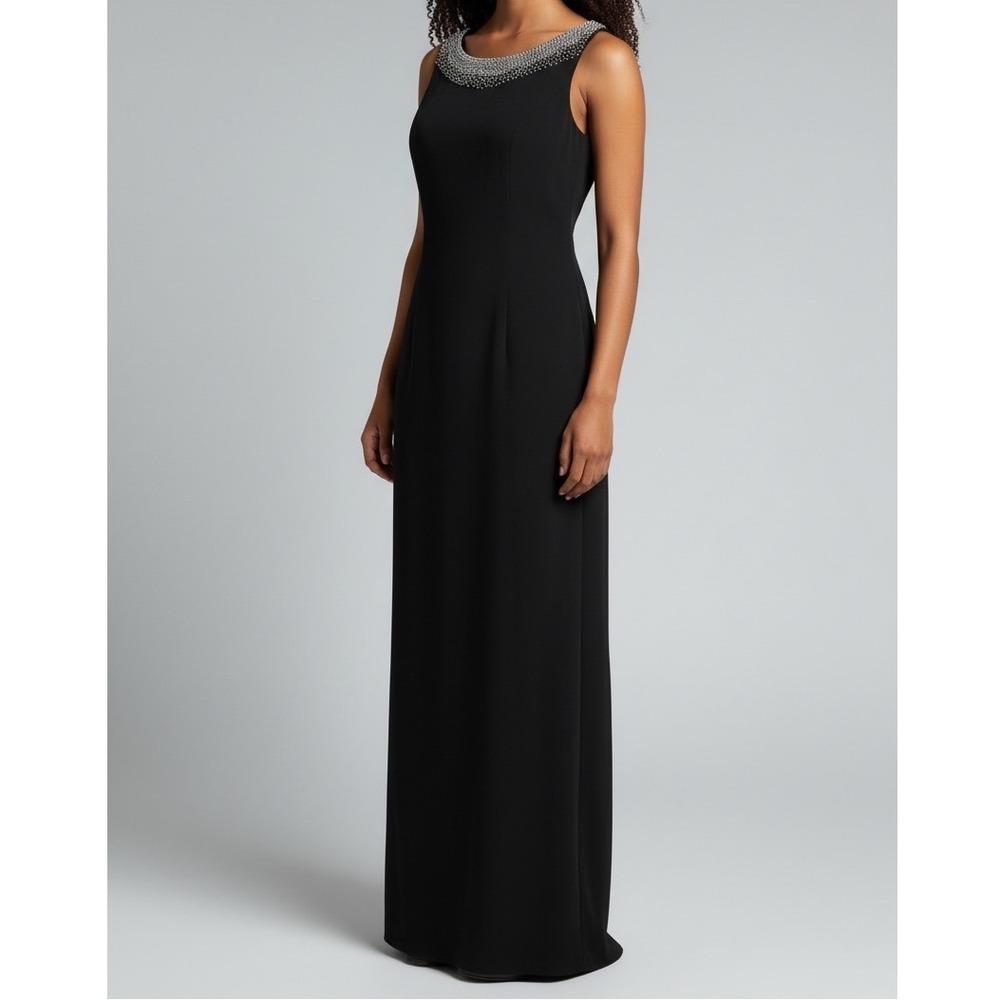 Vintage Jovani‎ NY Black Maxi Gown Sz 6 Beaded Neckline Formal Evening Dress